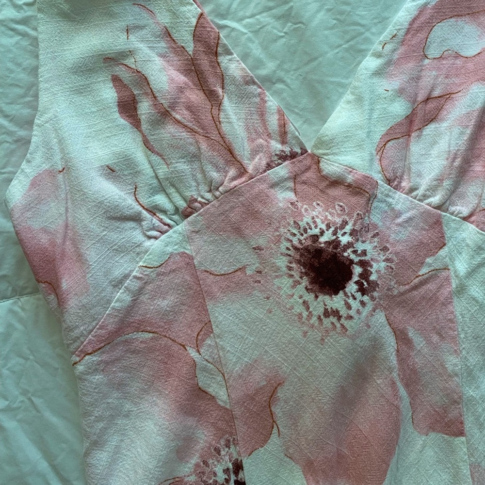 White Floral V neck linen blend summer dress - Picture 12 of 14